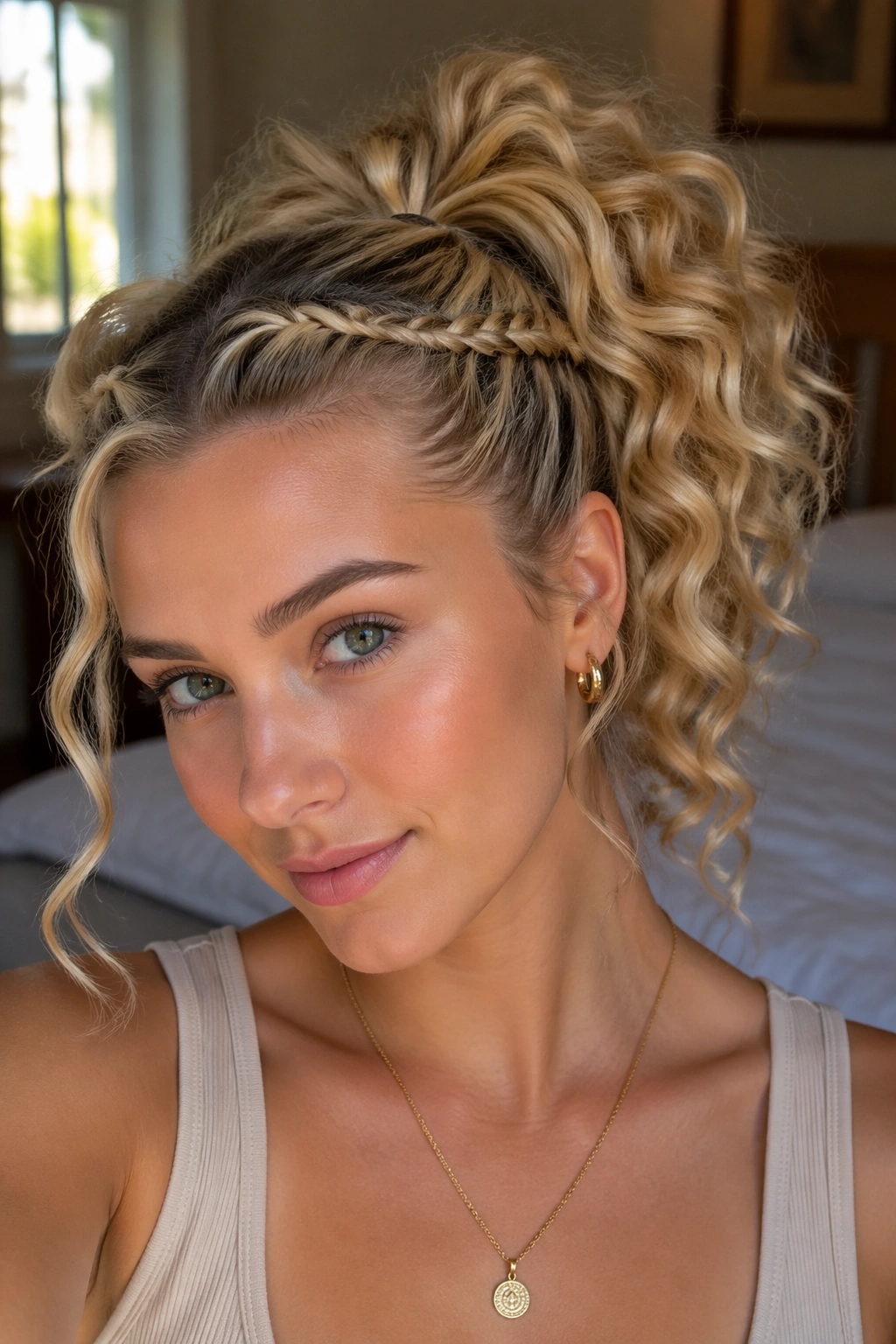 Close-up of a real woman with a twisted full blonde ponytail and visible curls