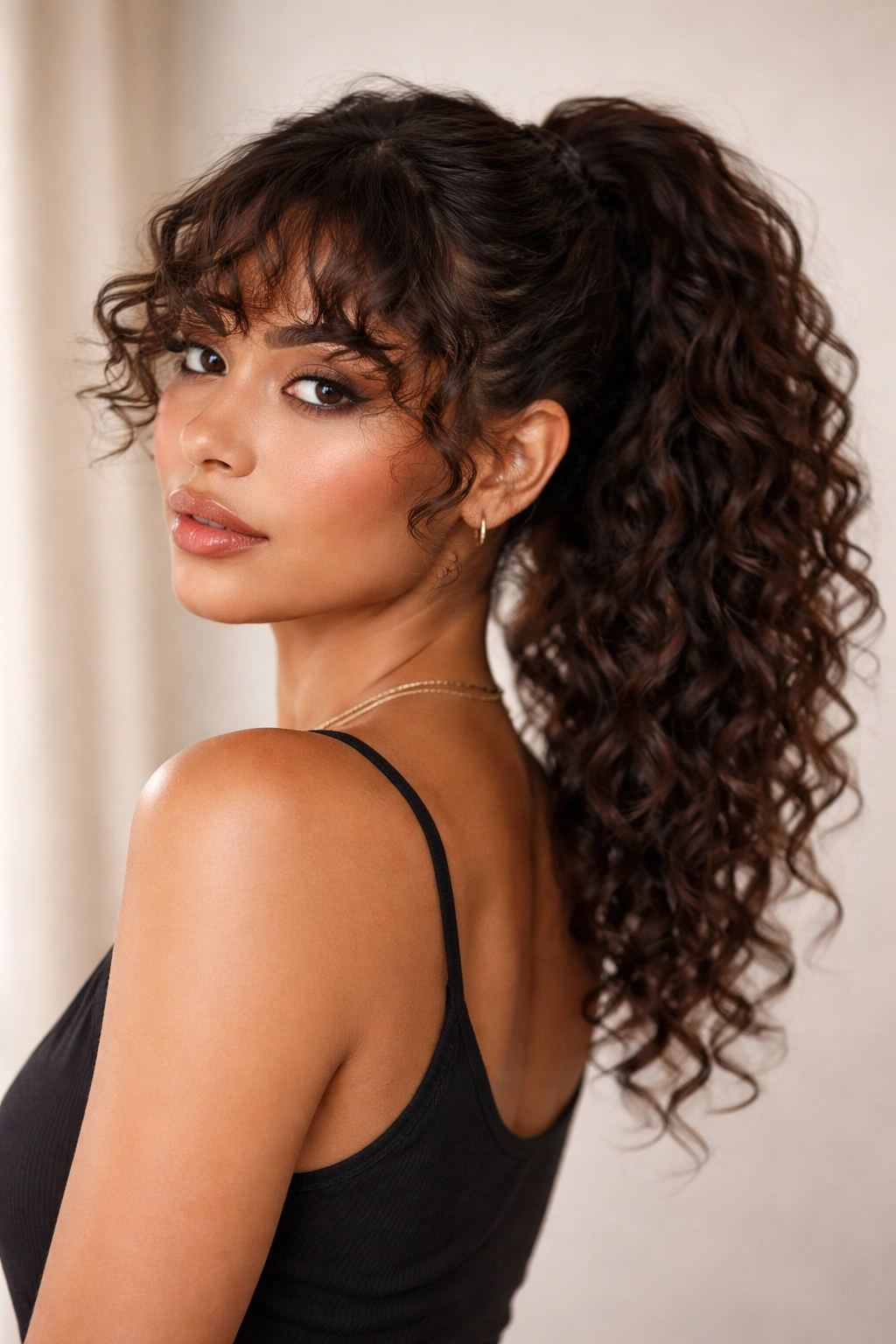 Twisted temple sections converge into a high ponytail with curly fringe