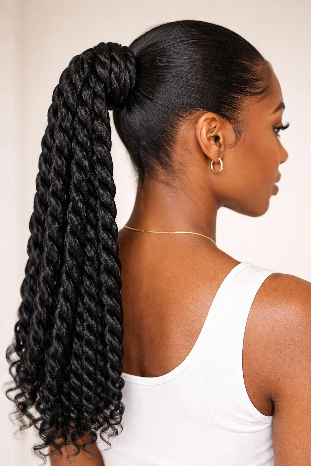 Close-up of twisted ponytail extension secured in a bun with Havana/Senegalese twists