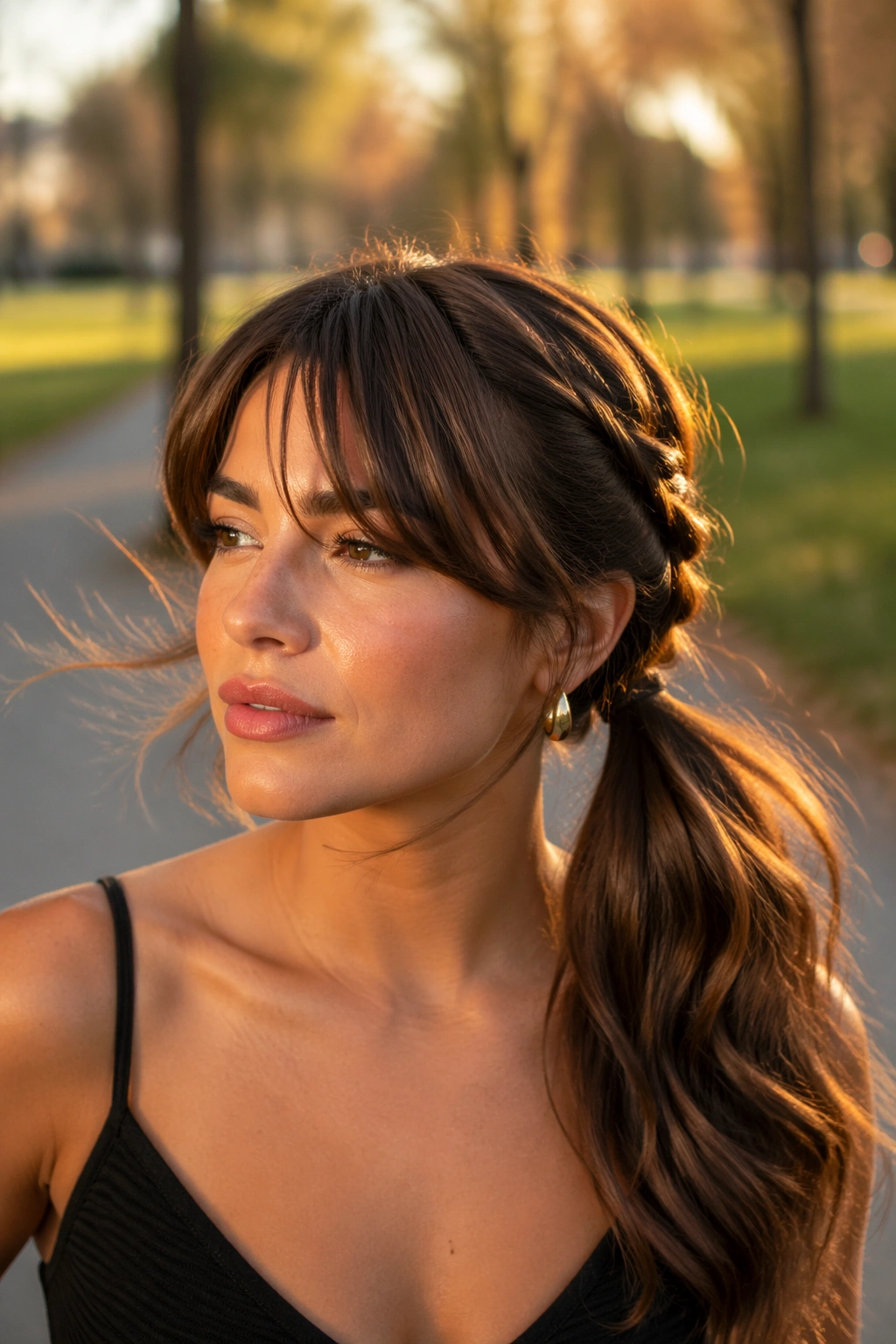 Close-up of a real woman with twists into a side ponytail and feathered bangs outdoors at golden hour