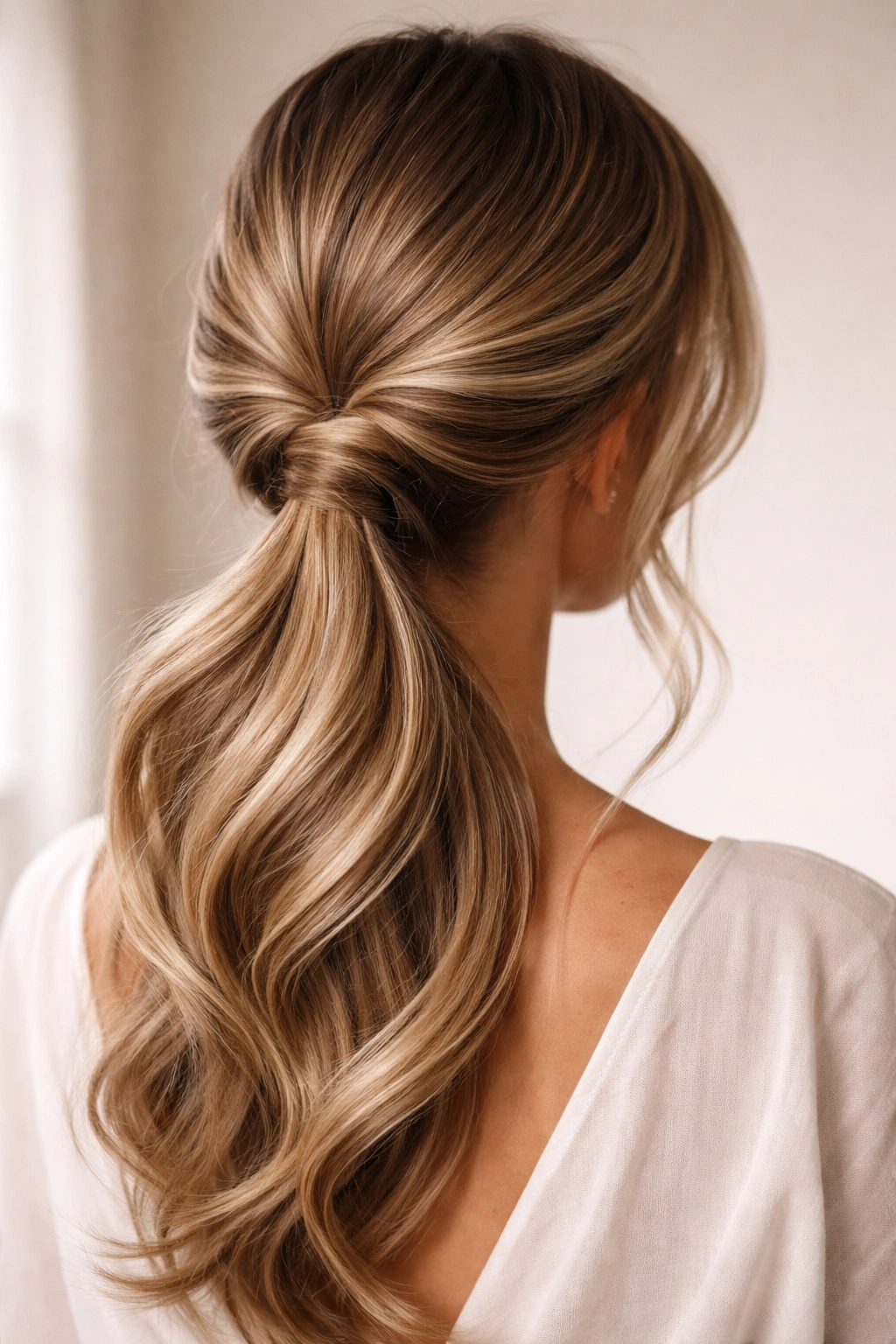 Close-up of twisted low ponytail with side loops framing the base
