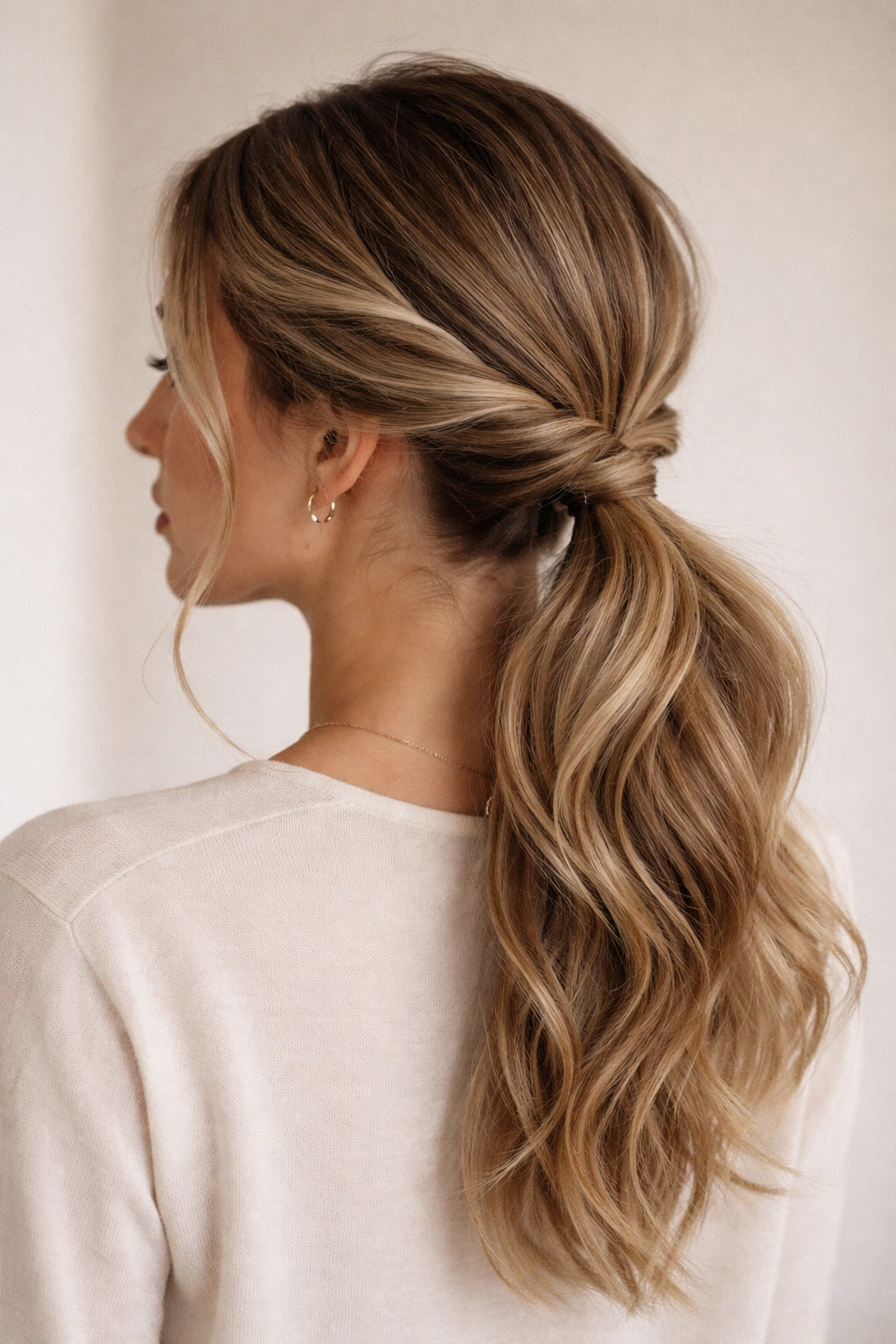 Two side twists pulled into a soft low ponytail