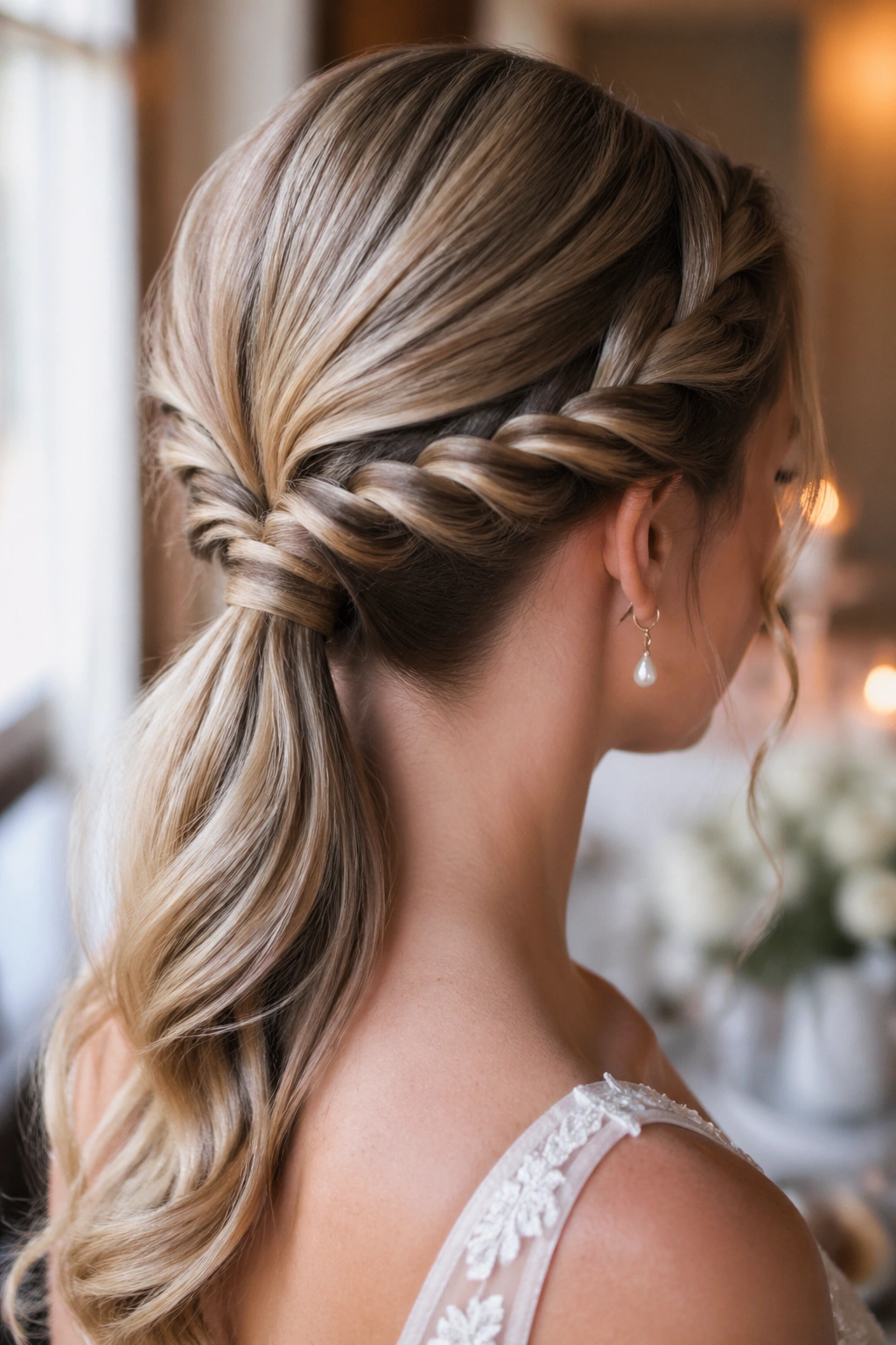 Close-up of a real woman with Twisted Low Ponytail.