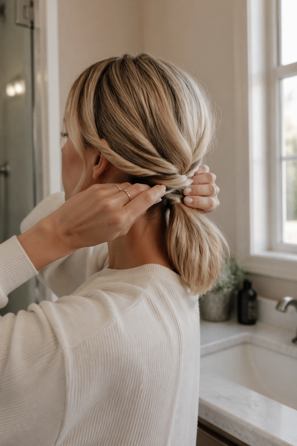 Hands twisting hair into a twisted low ponytail at the nape