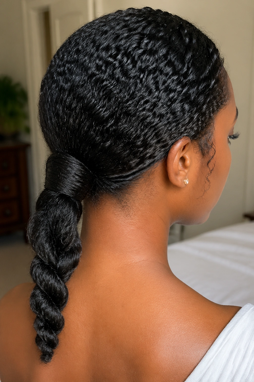 Back view of a woman with a low twisted ponytail at the nape with wrap around elastic.