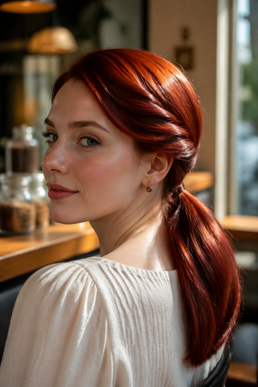 Close-up of a real woman in a twisted low ponytail showing glossy red hair