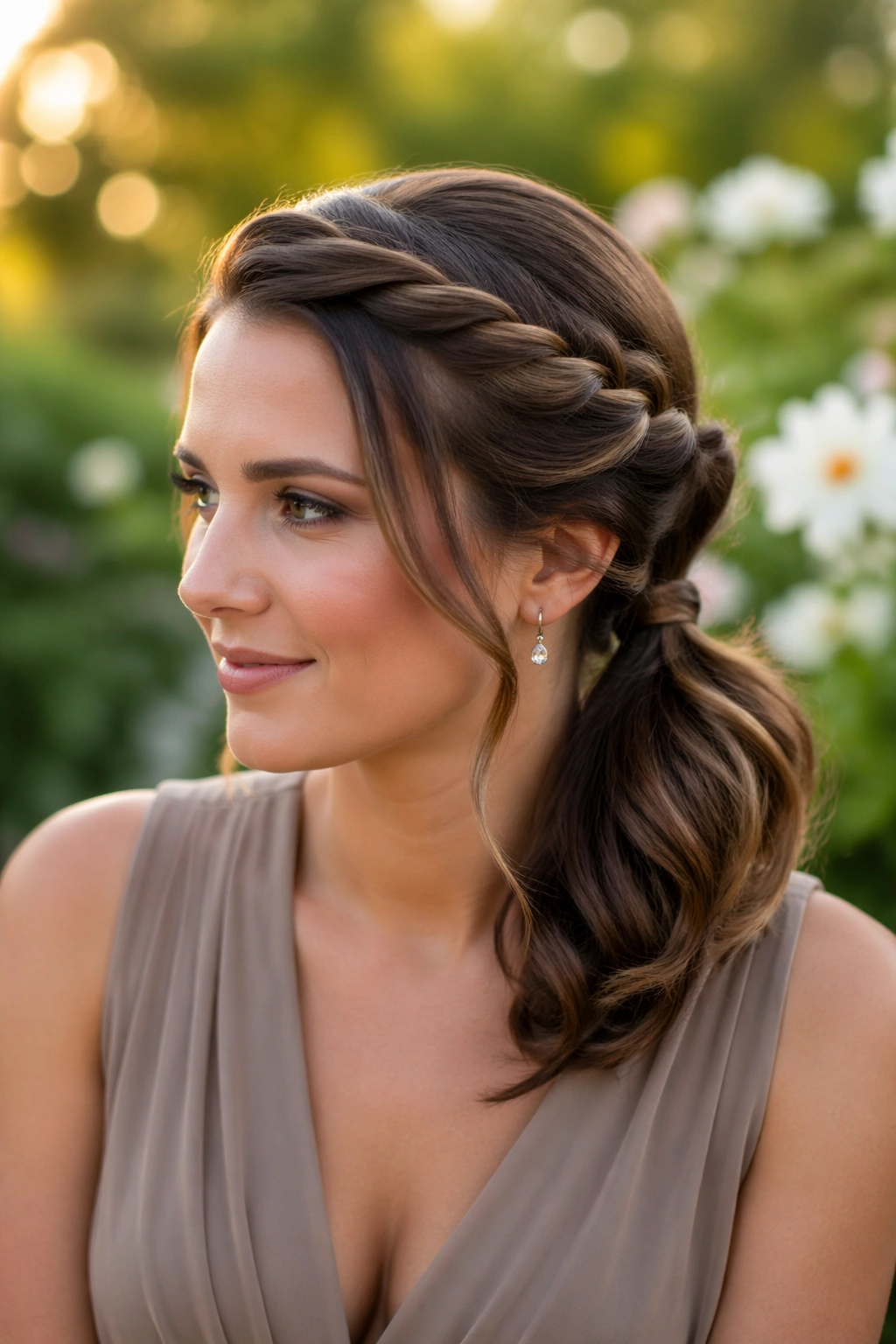 Close-up of a real woman with a twisted side ponytail for shorter layers outdoors.