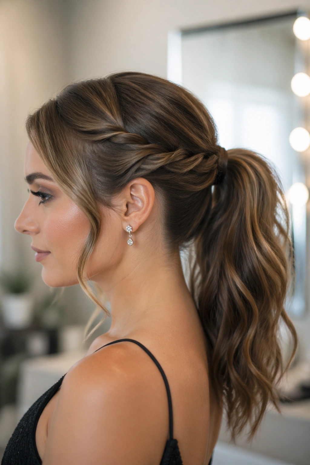 Side-profile of a woman with a twisted side-detail mid ponytail
