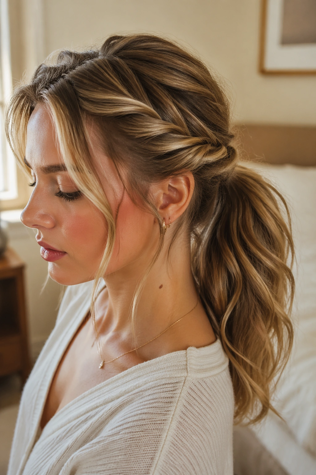 Close-up of a real woman with a twisted side-section ponytail using temple twists into a low ponytail
