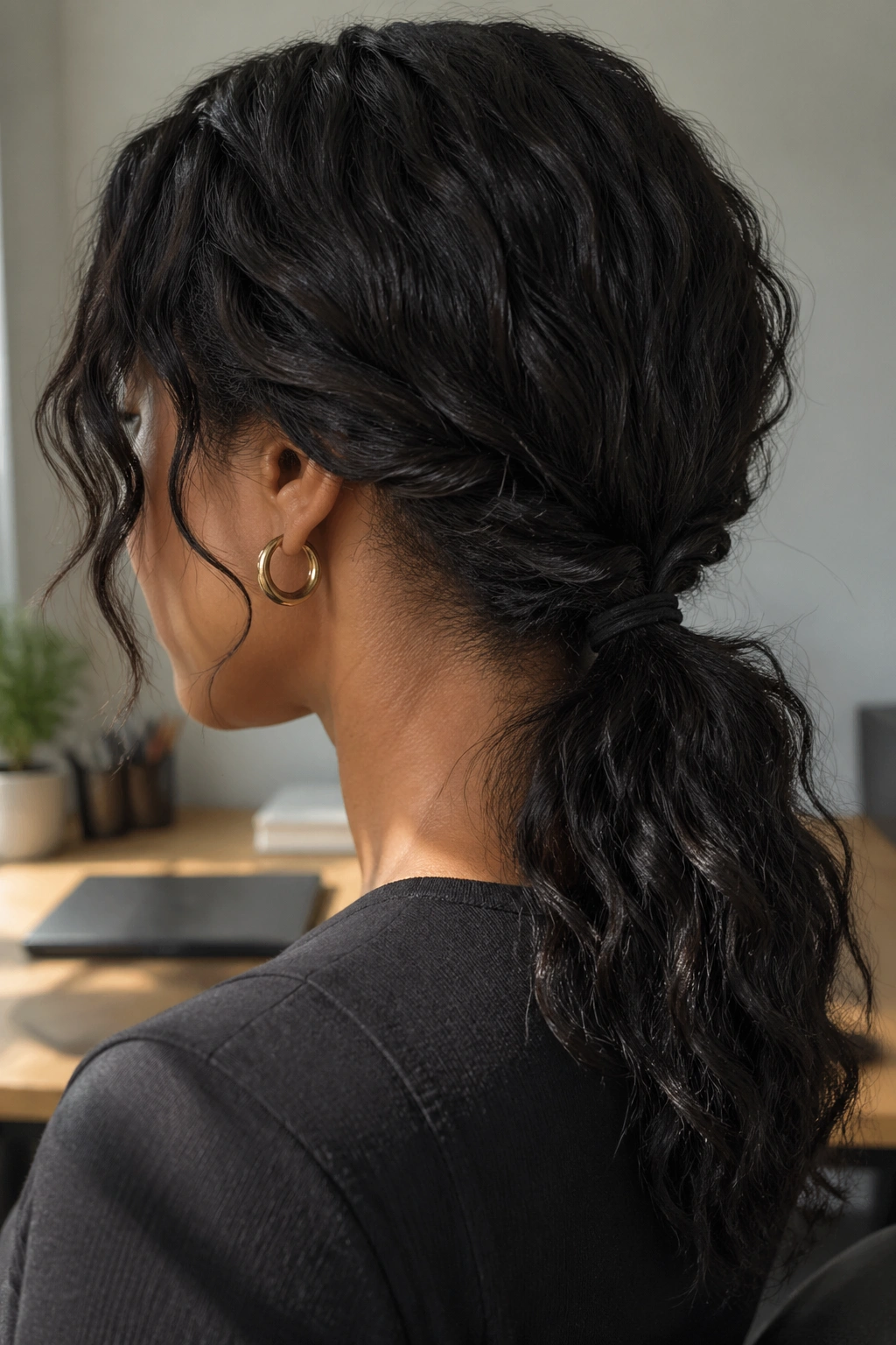 Close-up portrait of a real woman with a twisted low ponytail at the nape in a sunlit home office.