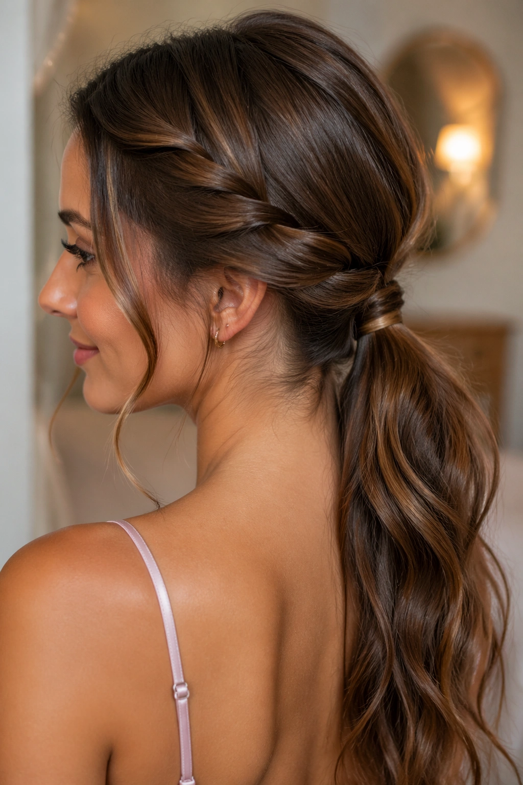 Close-up of a real woman with a twisted low ponytail and hidden wrap under warm light.