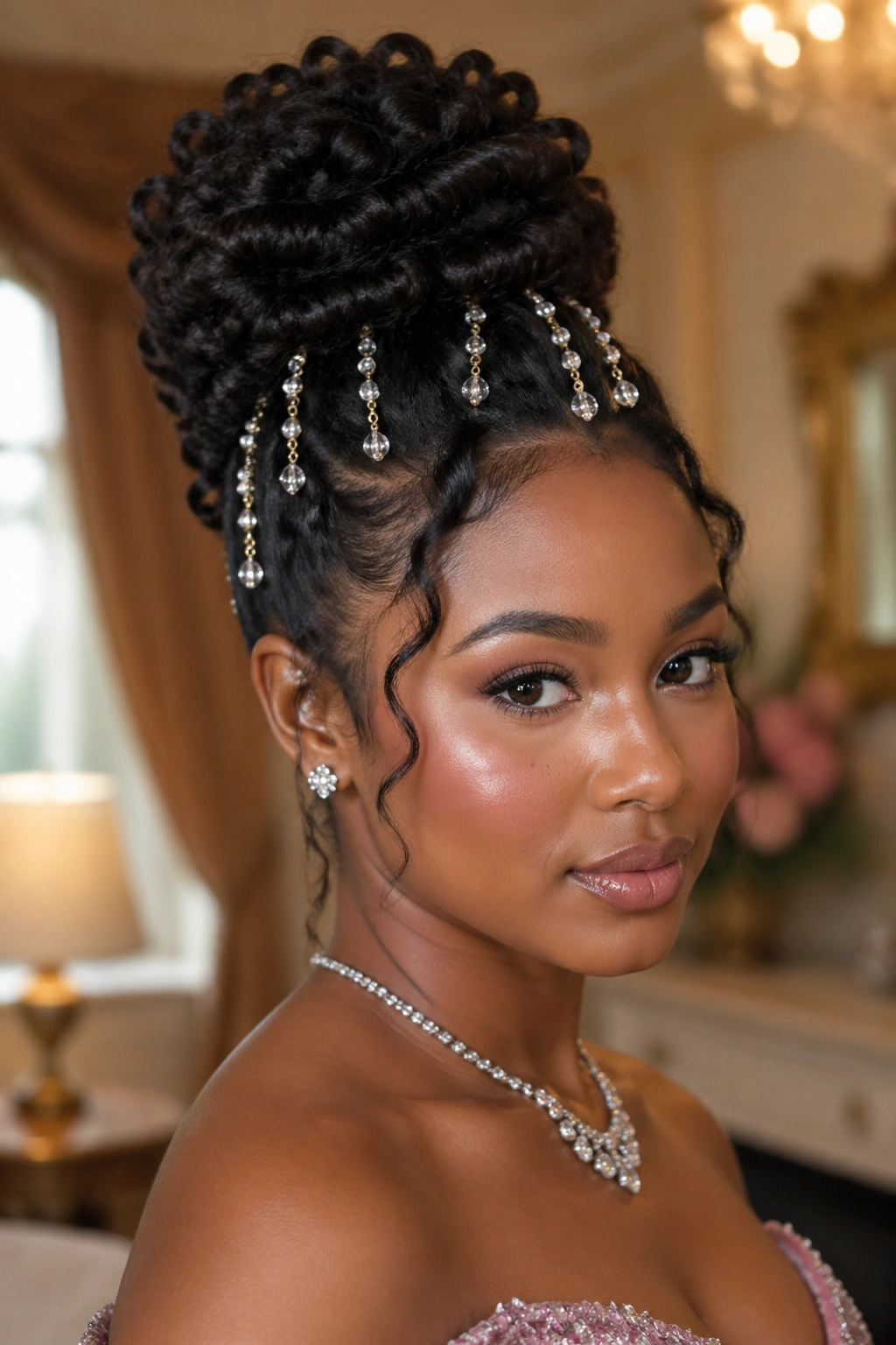 Close-up of twisted puff hairstyle with hanging bead accents on a real woman