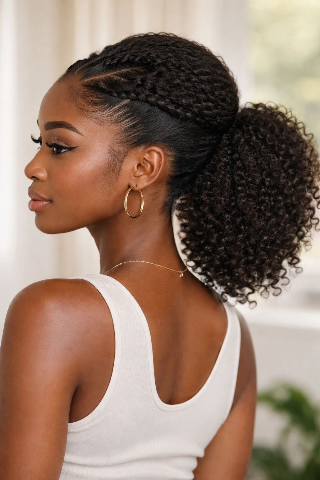 Low ponytail with a raised puff and top twists