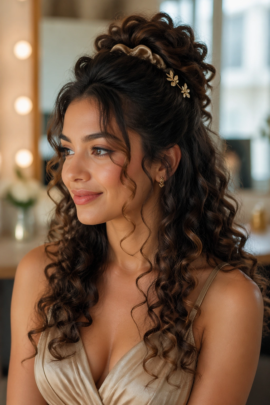 Close-up of a real woman with a twisted puff top and loose curls down