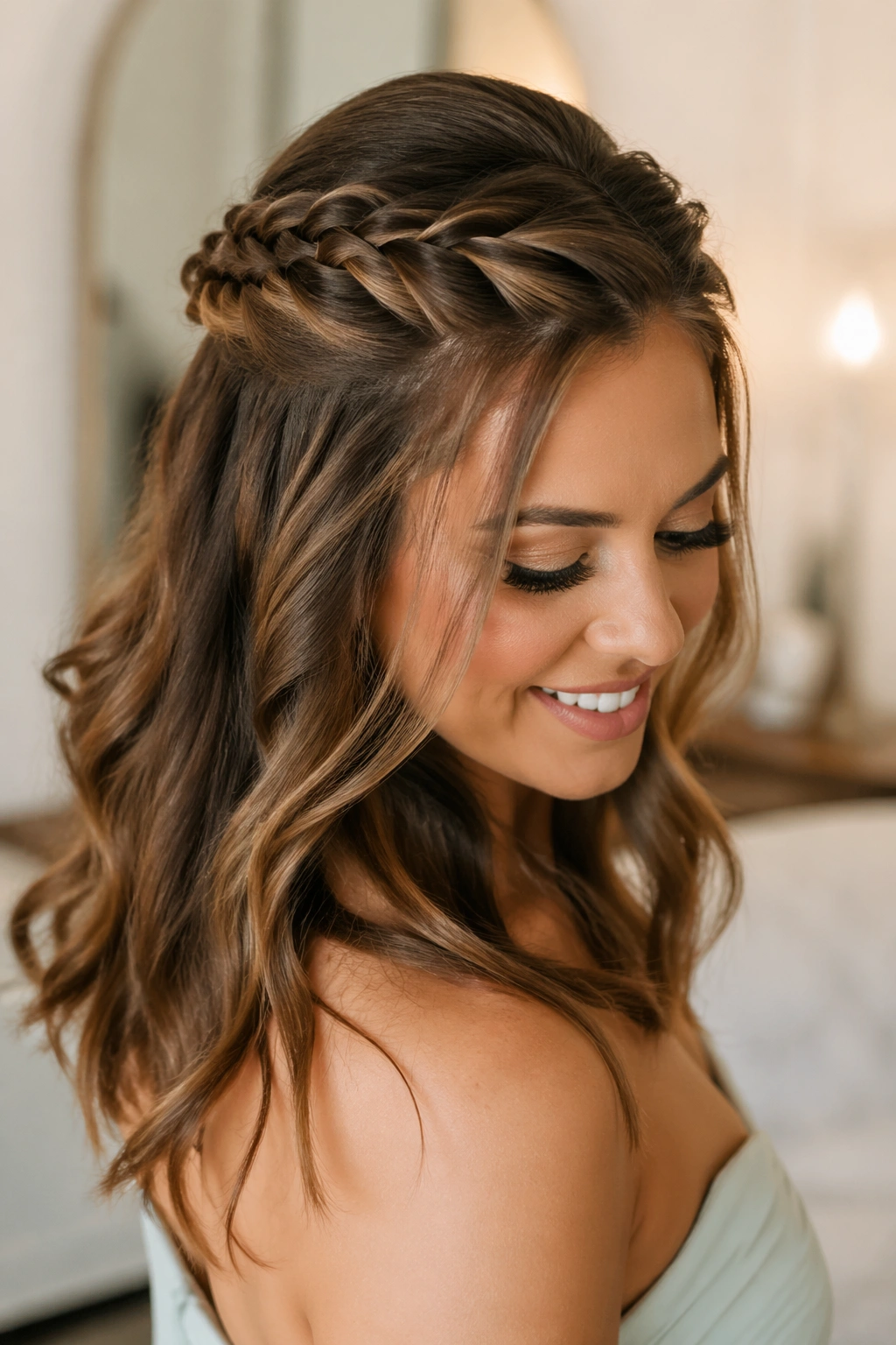 Close-up of a real woman's head with twisted rope braids half-up