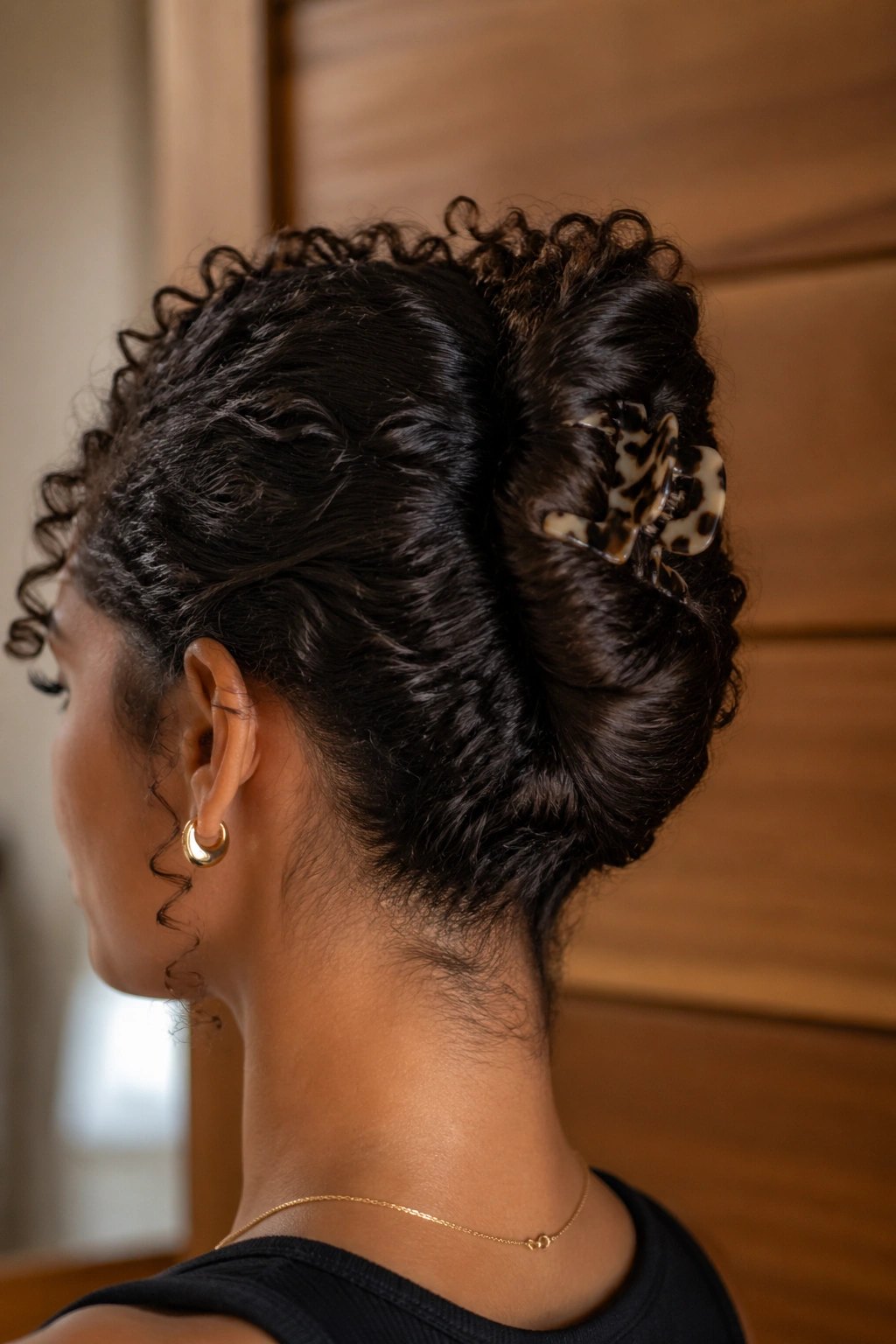 Twisted section clip hairstyle on a real person with spiral hair around the clip