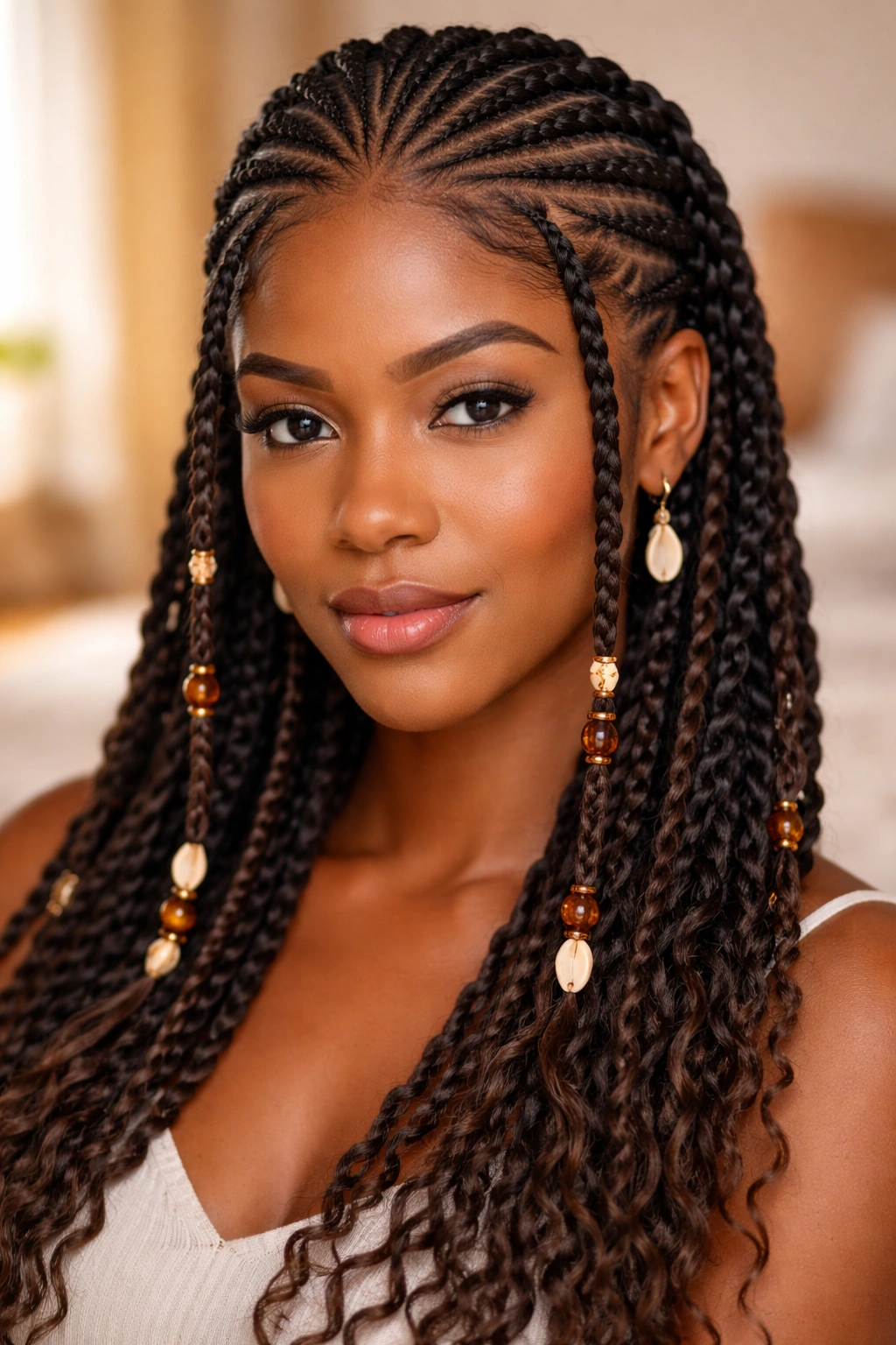 Close-up of Fulani cornrows with twisted sections among the braids on a real person