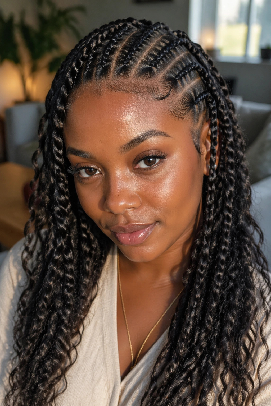 Close-up of bohemian cornrows featuring twisted sections on a real woman.