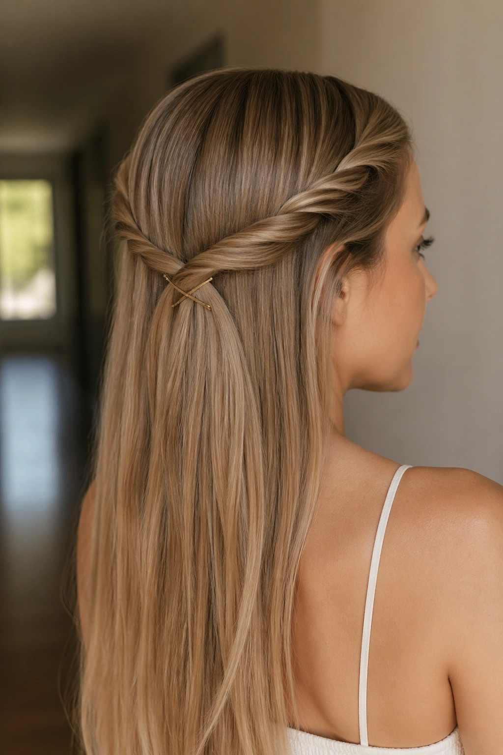 Twisted side braids meeting at the back on a real woman
