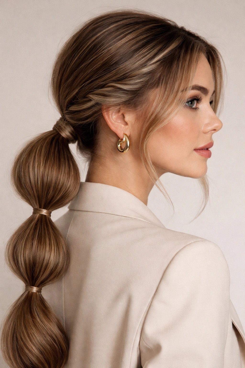 Twisted side sections flowing into a bubble low ponytail.