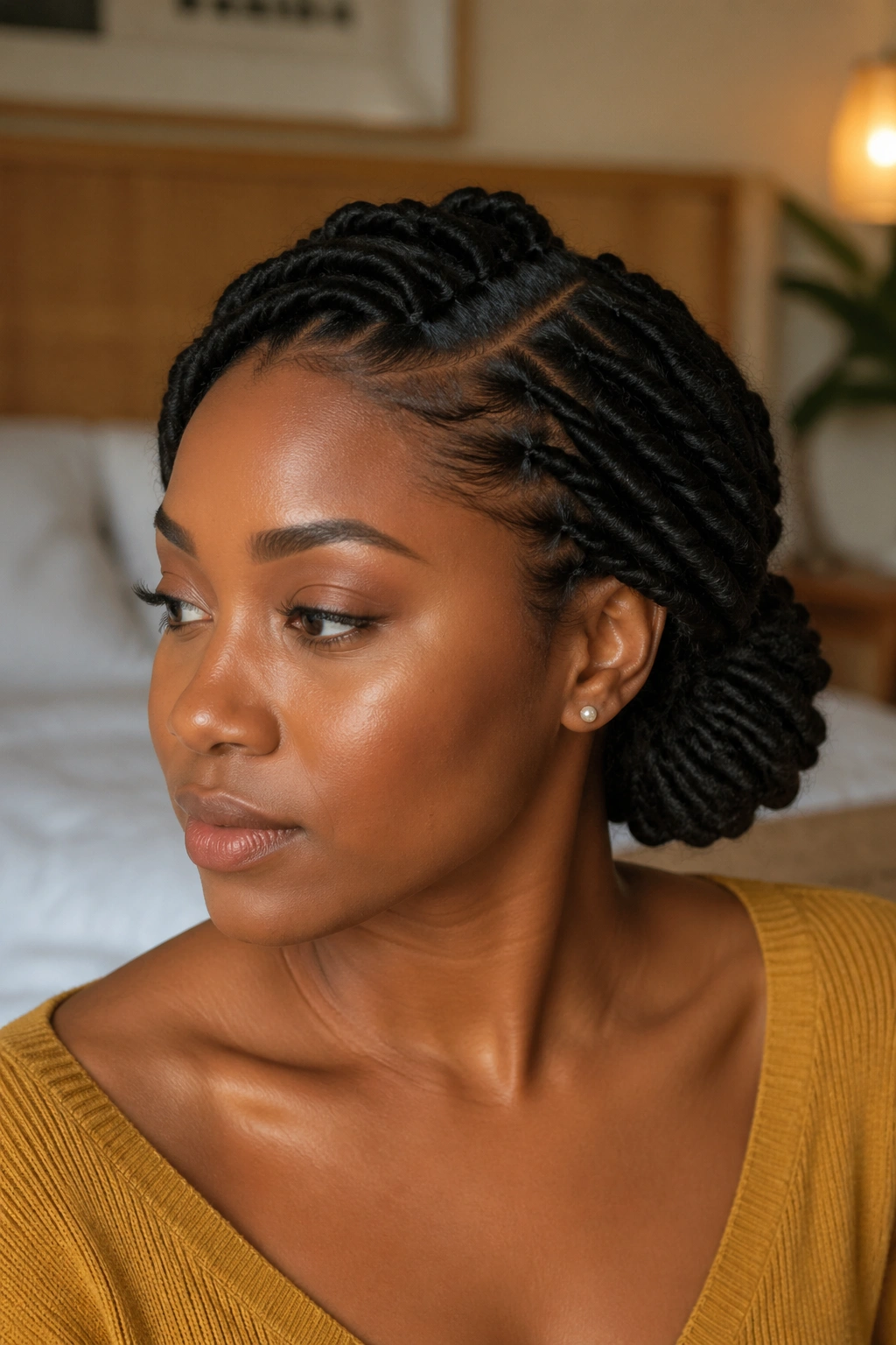 Close-up of a real Black woman with a twisted side bun