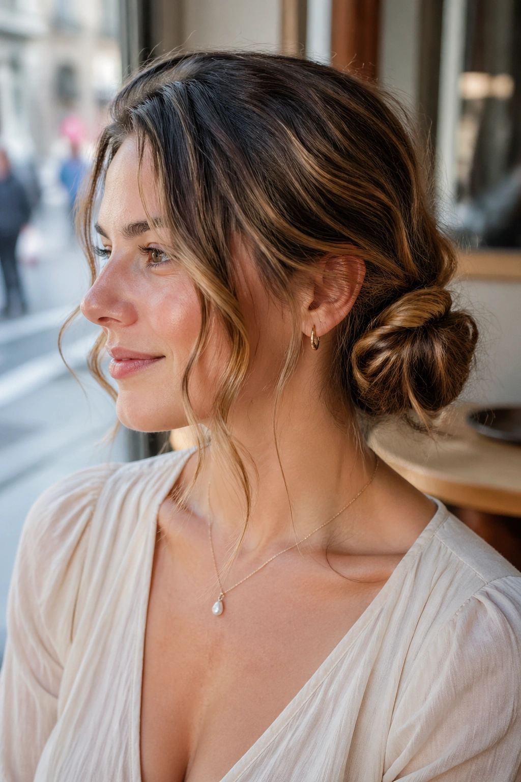 Real woman with a twisted side bun and loose front pieces