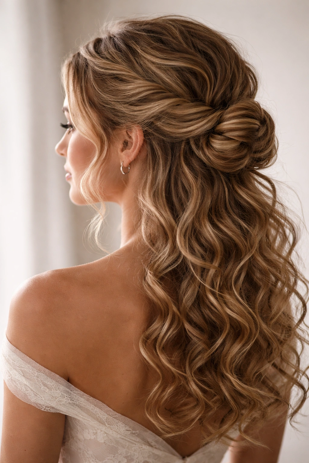 Side view of a twisted bun accent in a half-up curly hairstyle.