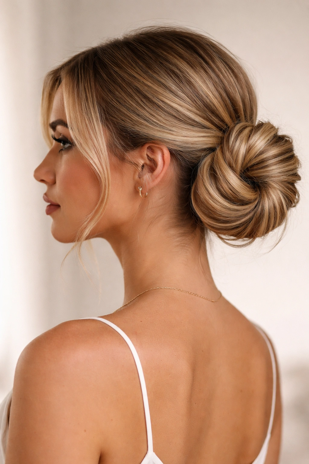Profile view of a twisted side bun behind one ear
