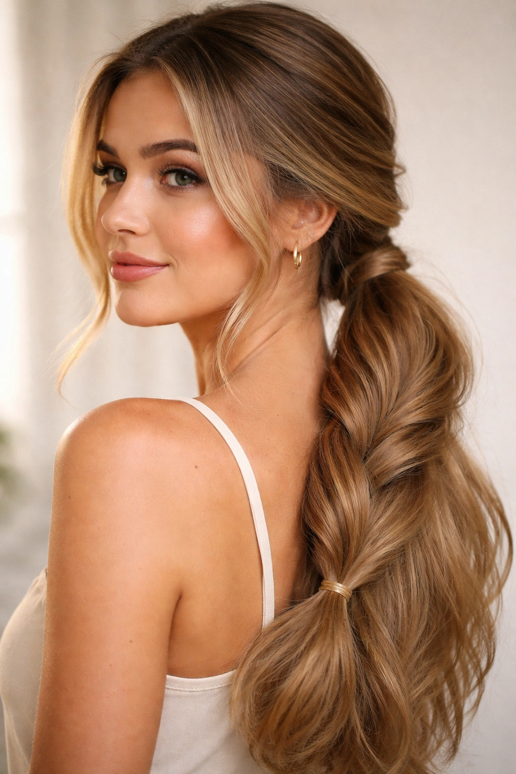 Side ponytail with two twisted strands forming a rope-like shape