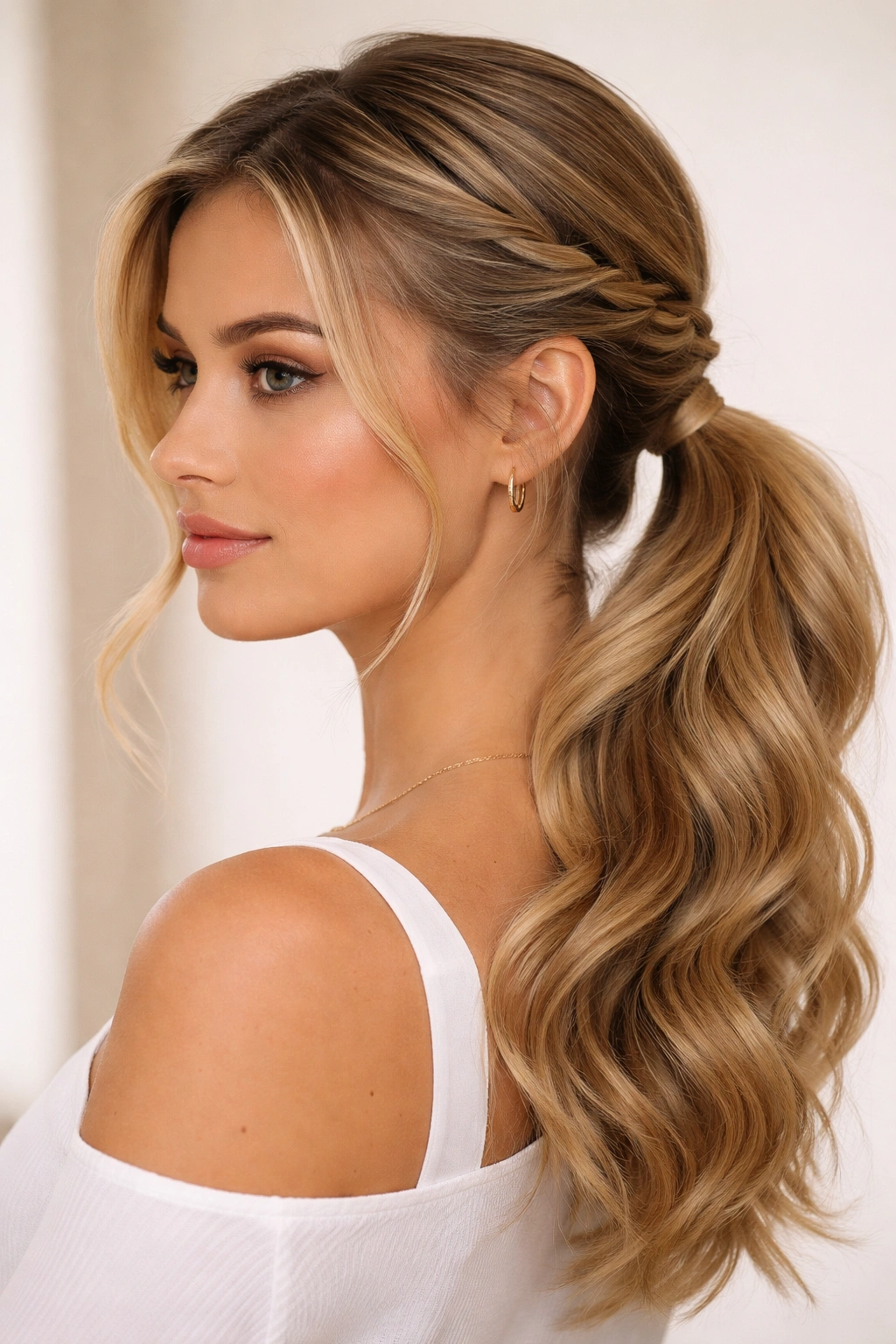 Side view with two twisted strands merging into a side pony