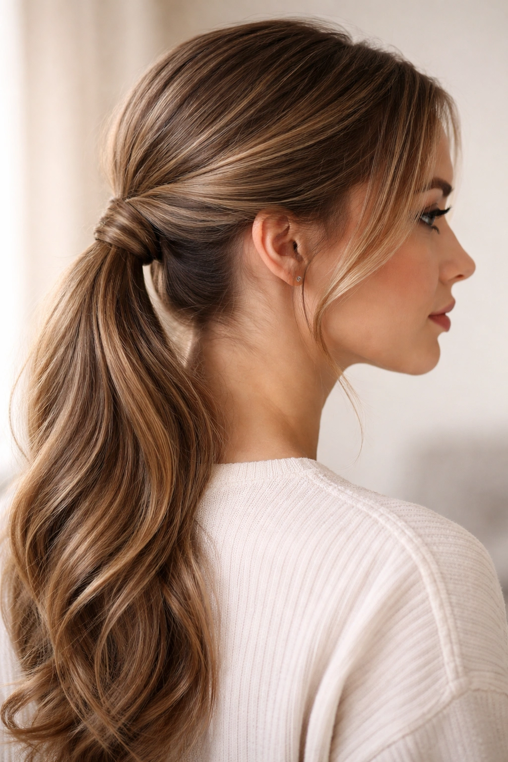 Side pony with a twisted base and wrapped elastic detail.