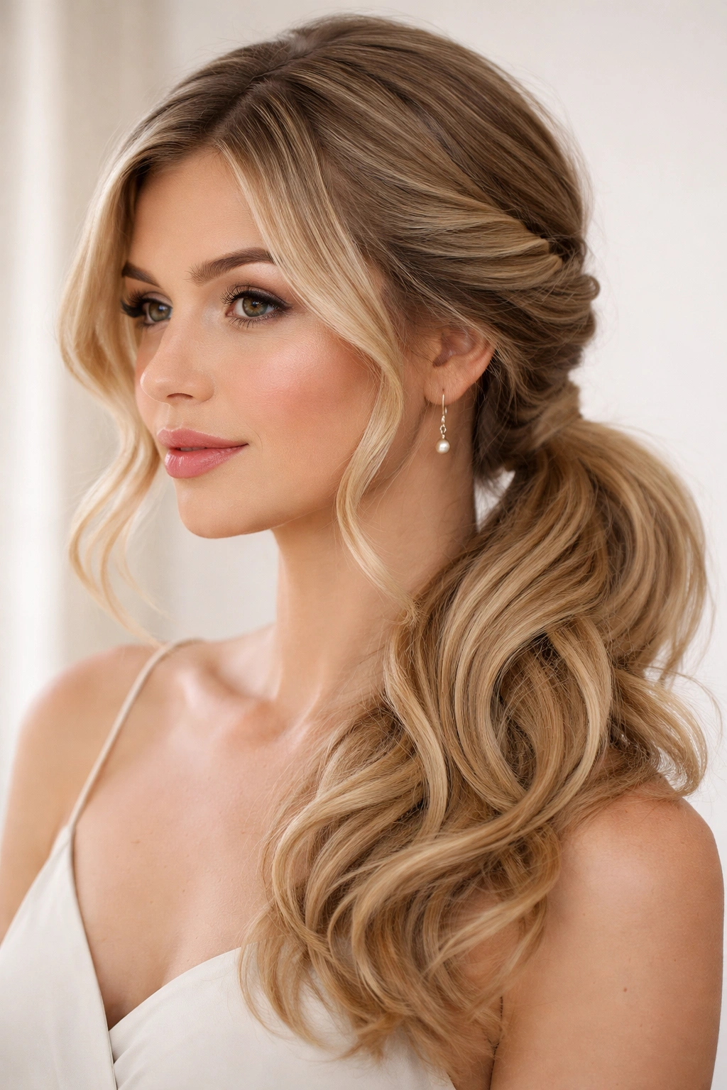 Twisted base with side twists forming a low pony behind the ear