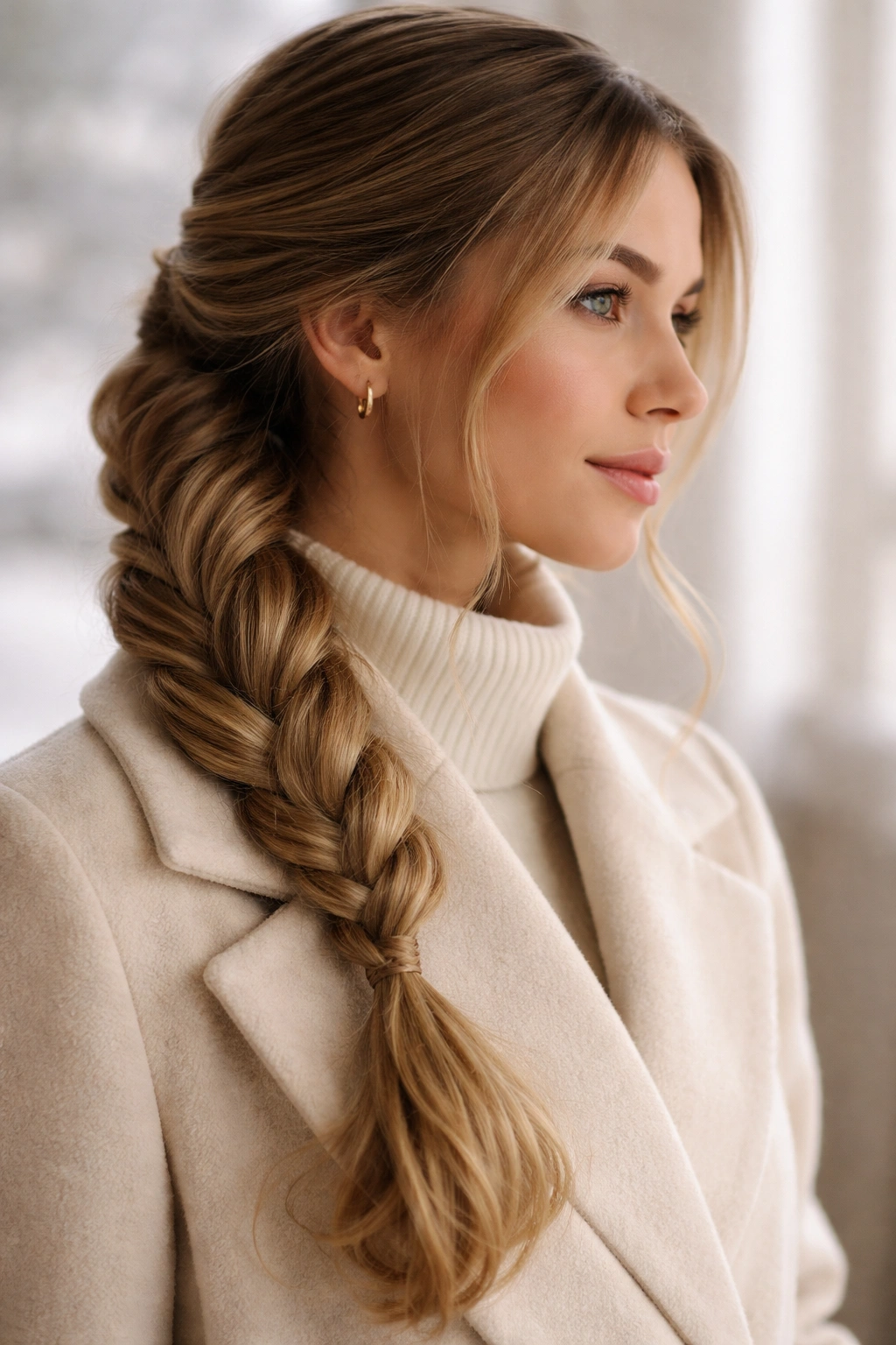 Twisted side ponytail with rope-like twists along the shoulder.