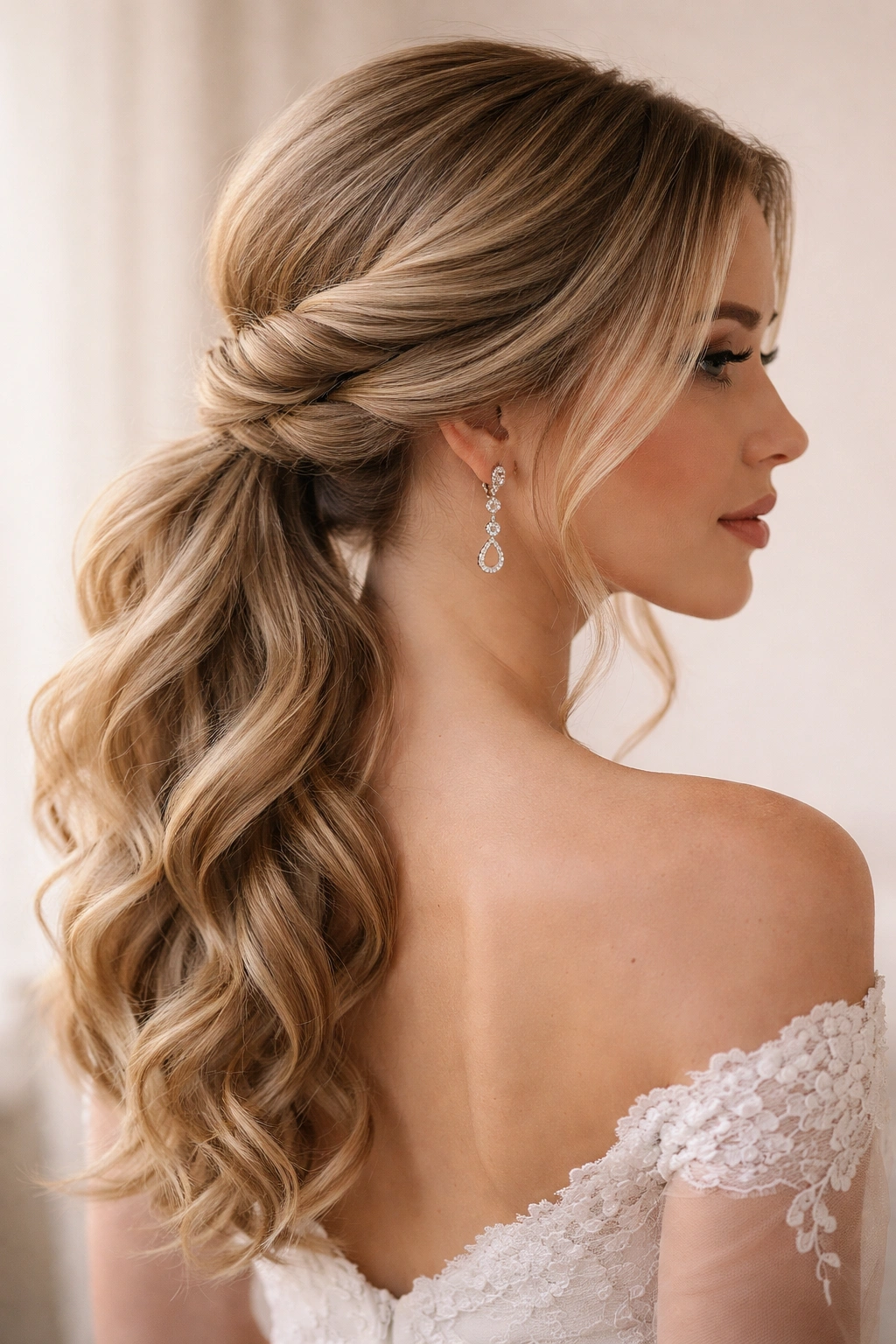 Profile view of a model with a romantic twisted side ponytail