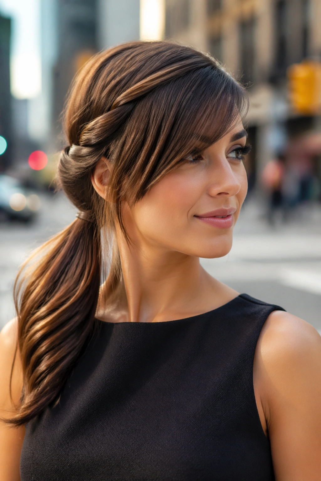 Head-and-shoulders portrait of a woman with a twisted side ponytail and angled bangs