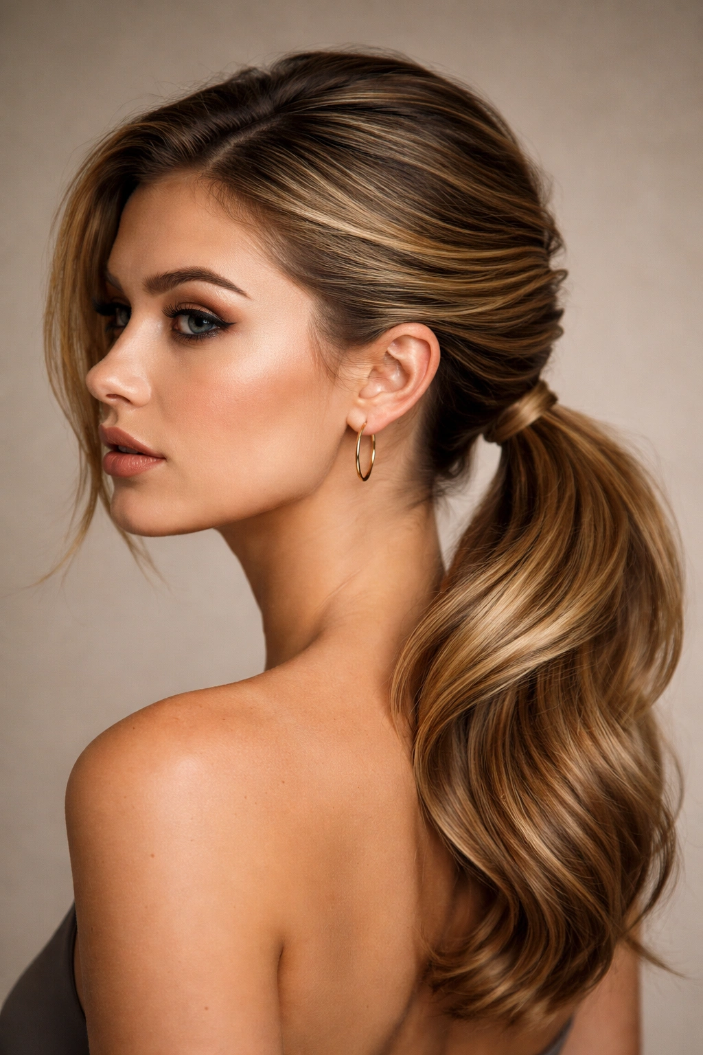 Twisted side ponytail anchored low behind the ear