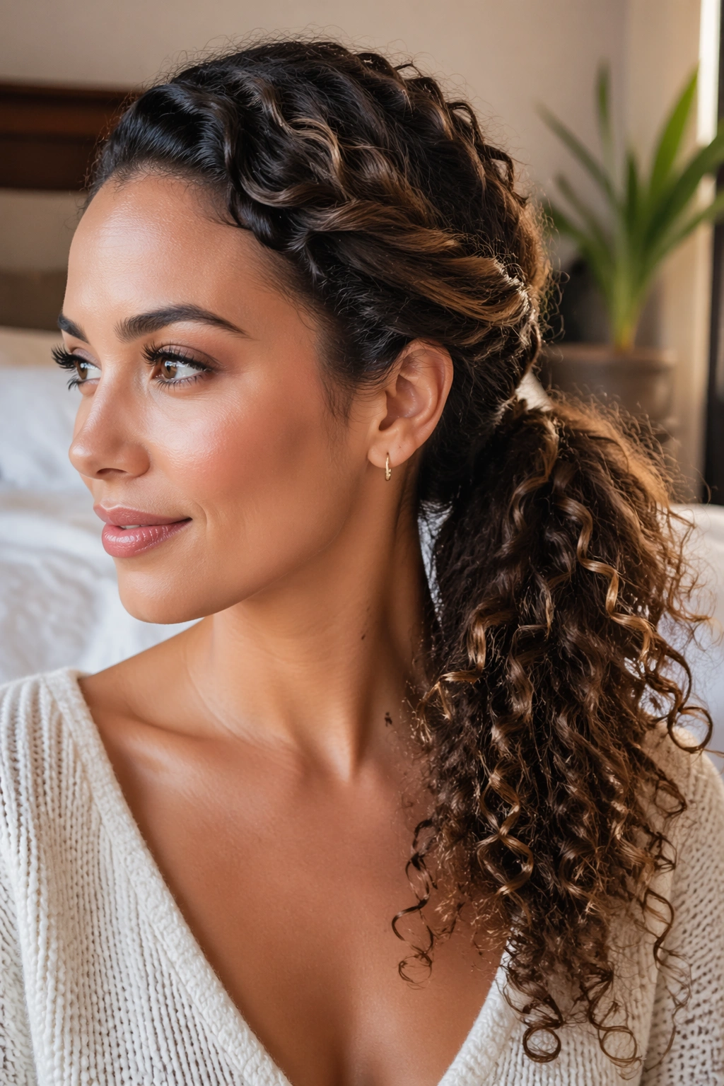 Close-up of a real woman with a twisted side ponytail under natural window light