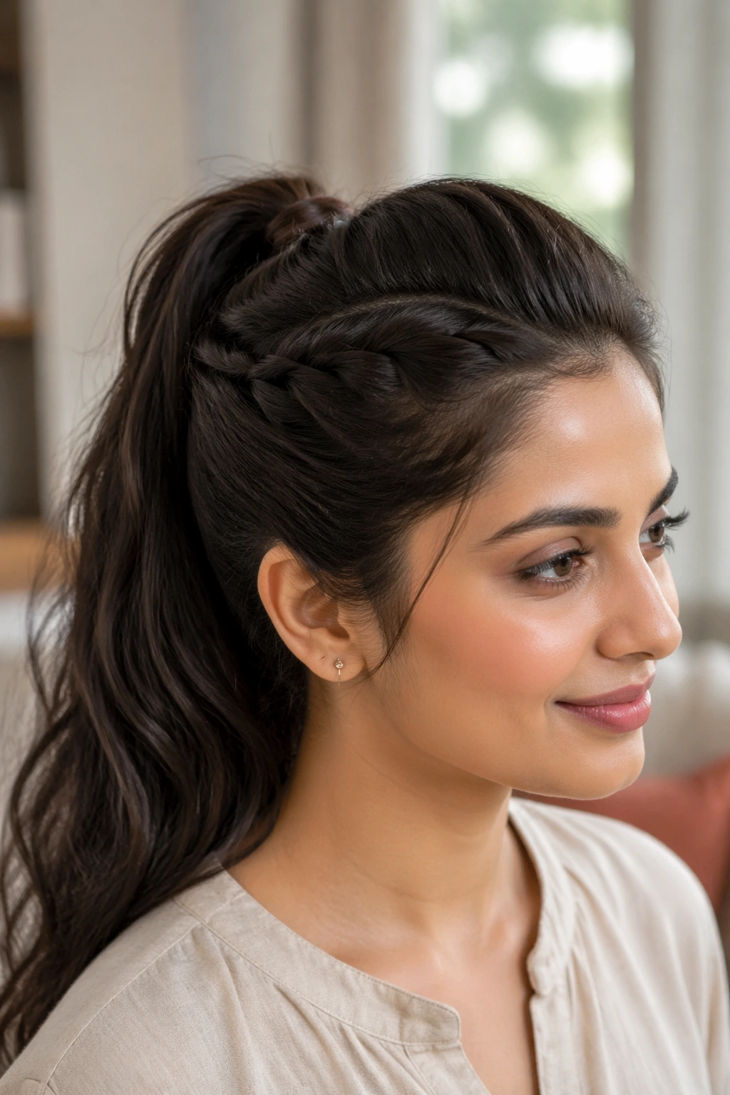 Close-up of a real woman with temple twists feeding into a high ponytail, natural window light.