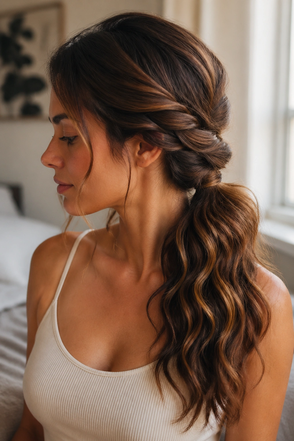 Side profile of a woman with two twists pulled to the side into a ponytail