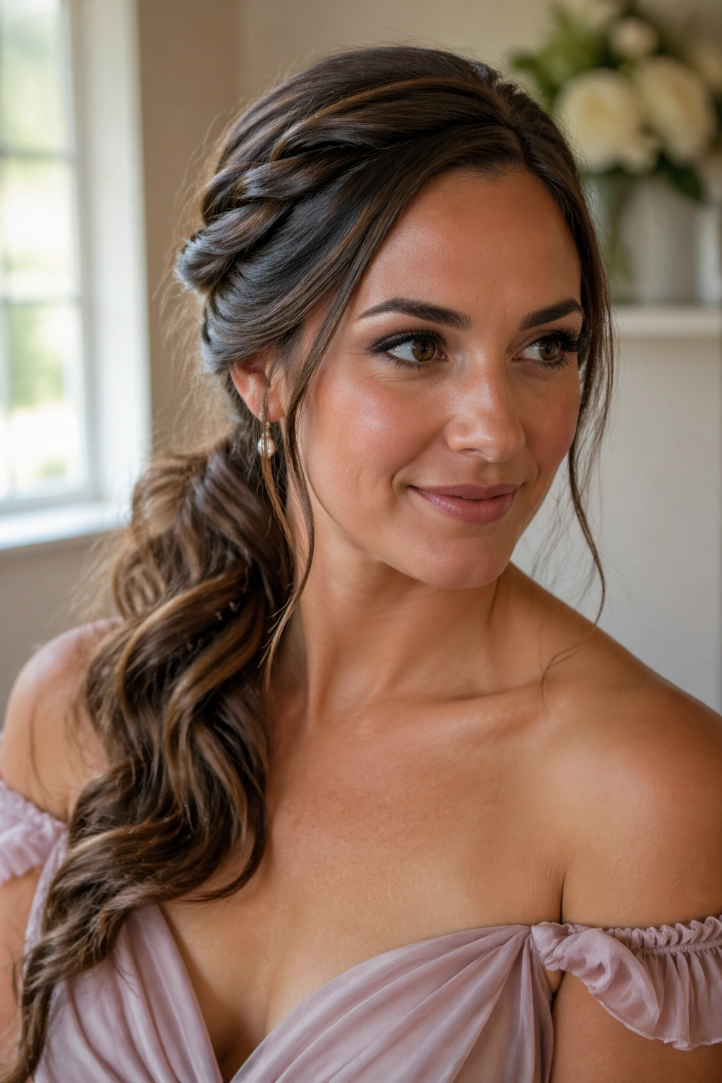 Close-up of a real woman with a twisted side-swept ponytail behind one ear.