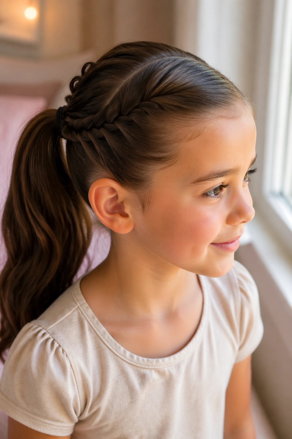 Close-up of a real child with twisted side sections fed into a ponytail