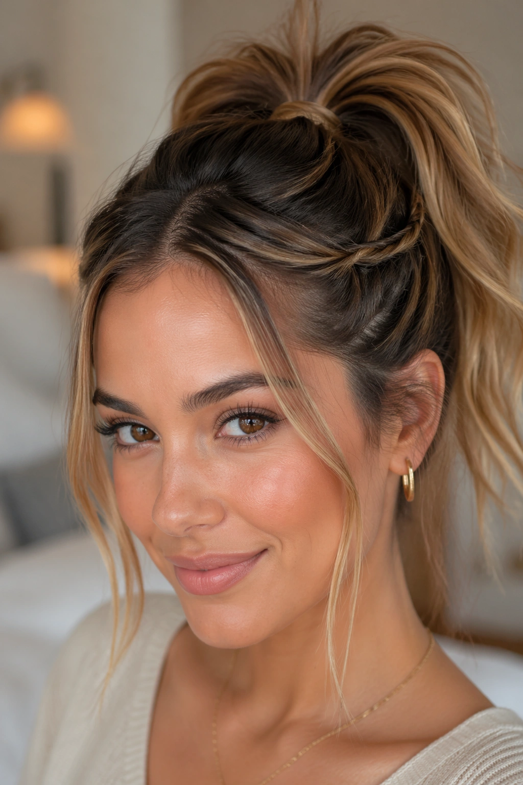 Twisted sides high ponytail close-up portrait on real woman