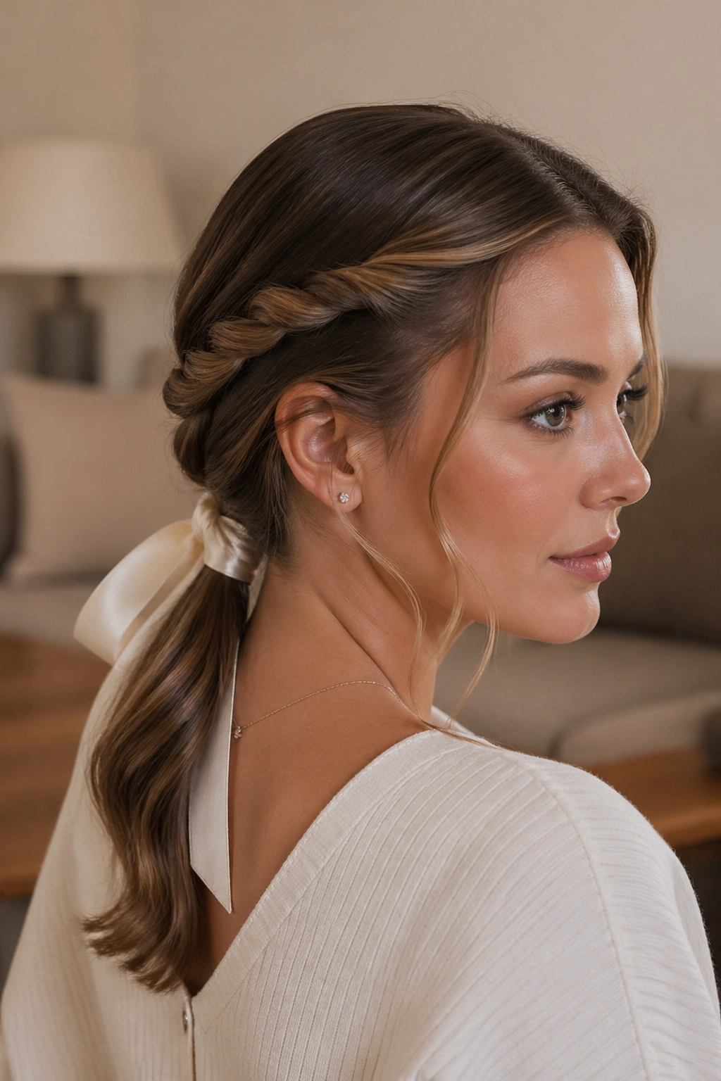 Close-up of a woman with twisted side sections tied into a low ponytail with ribbon