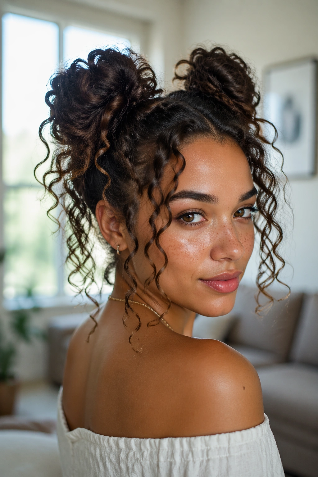 Close-up of a real woman with two high twisted space buns and curl spill in a bright room