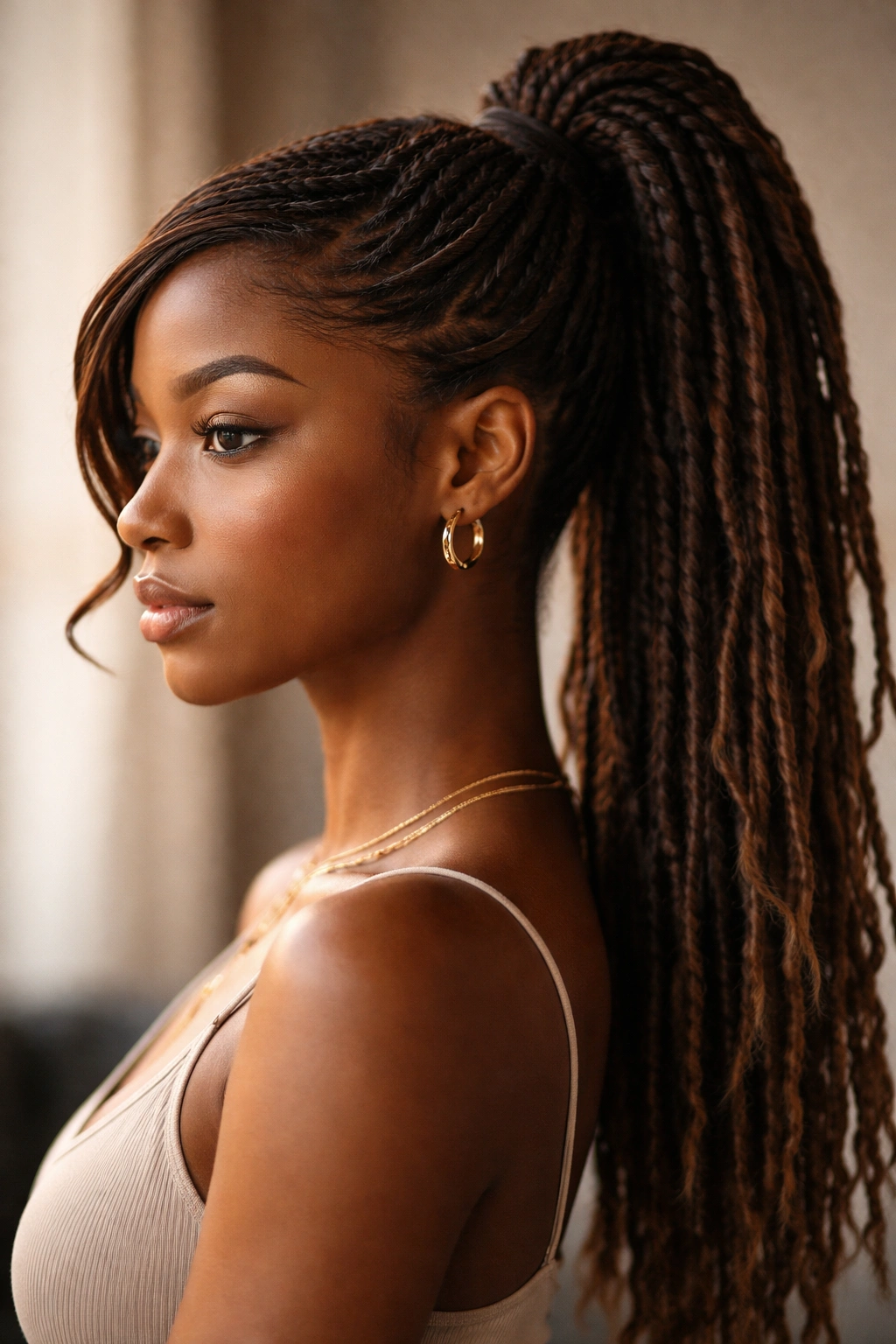 High ponytail with twisted swoop fringe framing the face
