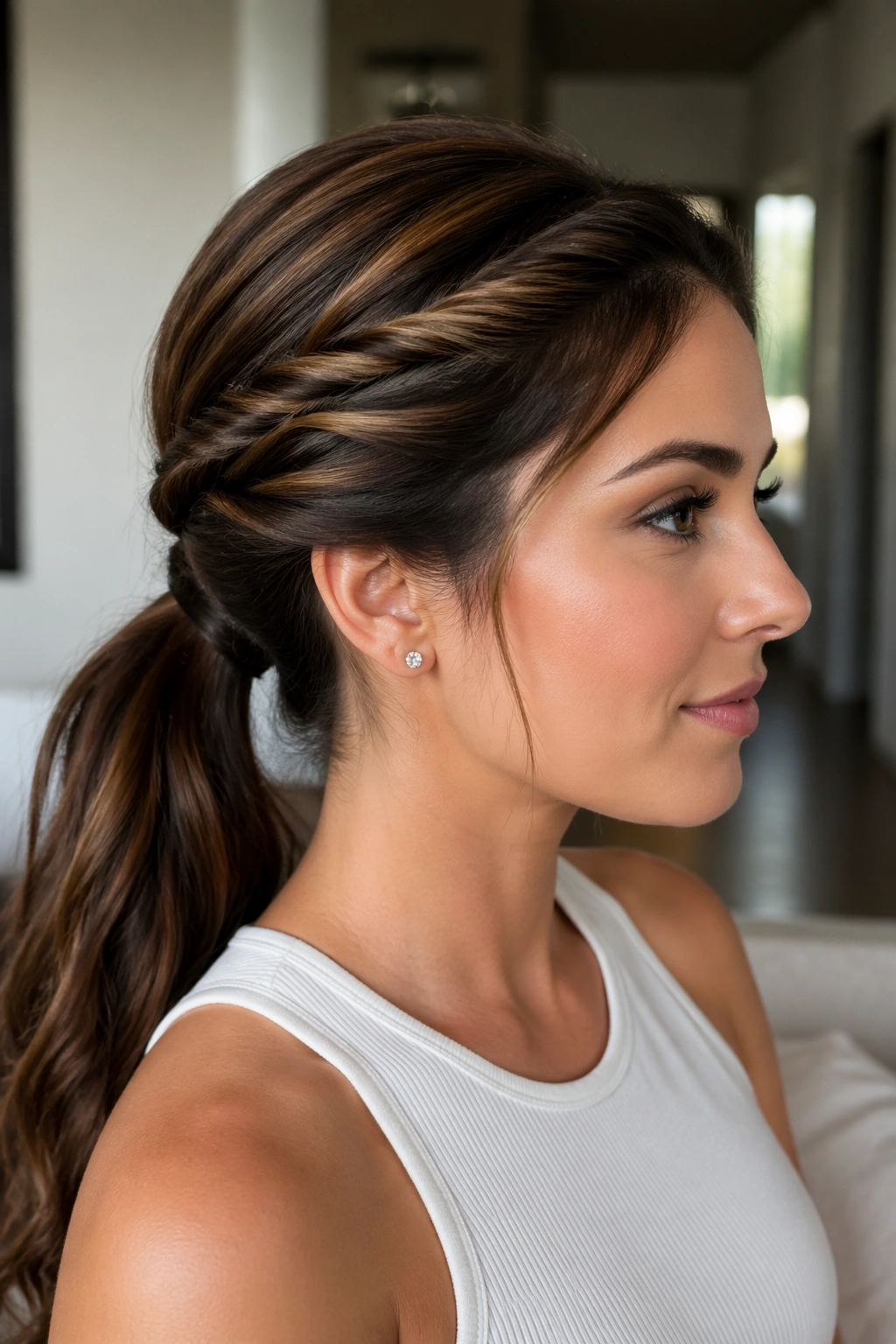 Portrait of a real woman with front twists leading into a low ponytail.