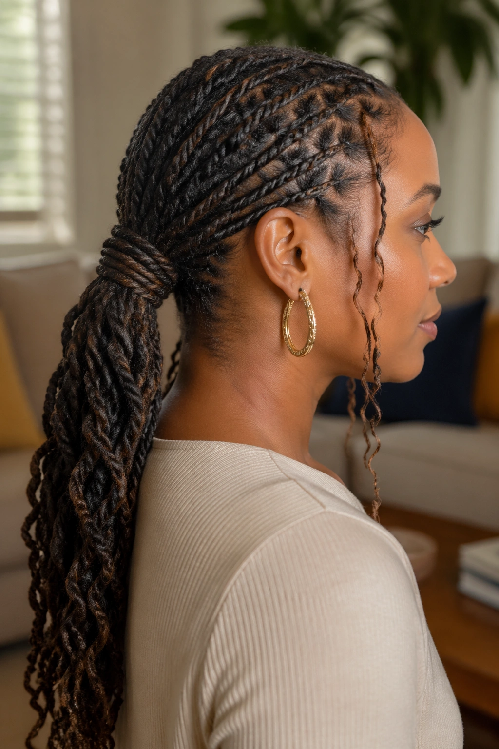 Close-up of a real person with a twisted tail low ponytail.