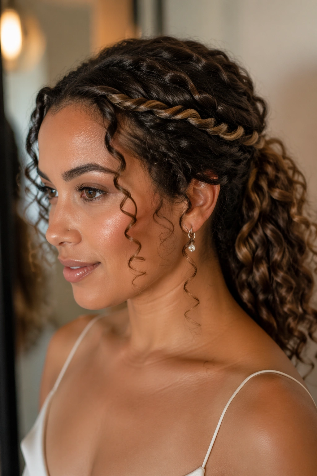 Close-up of twisted temple ponytail on a real person in a bridal setting