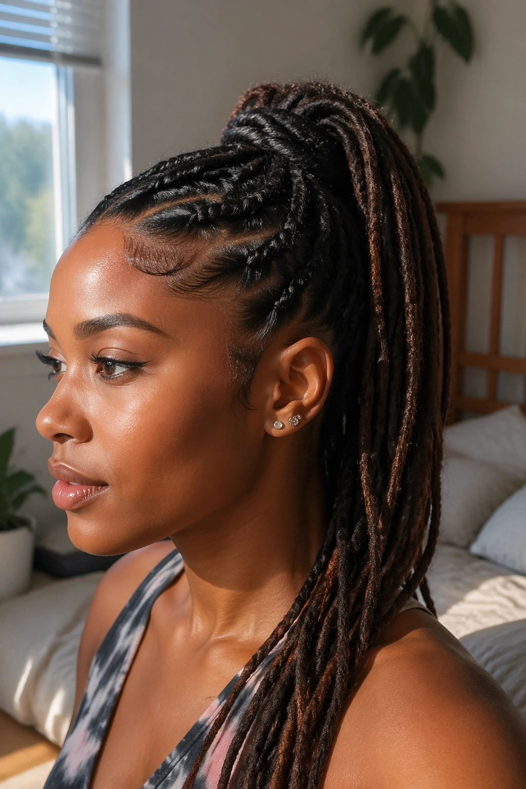 Close-up of a real woman's head showing two twists at the temples feeding into a ponytail.