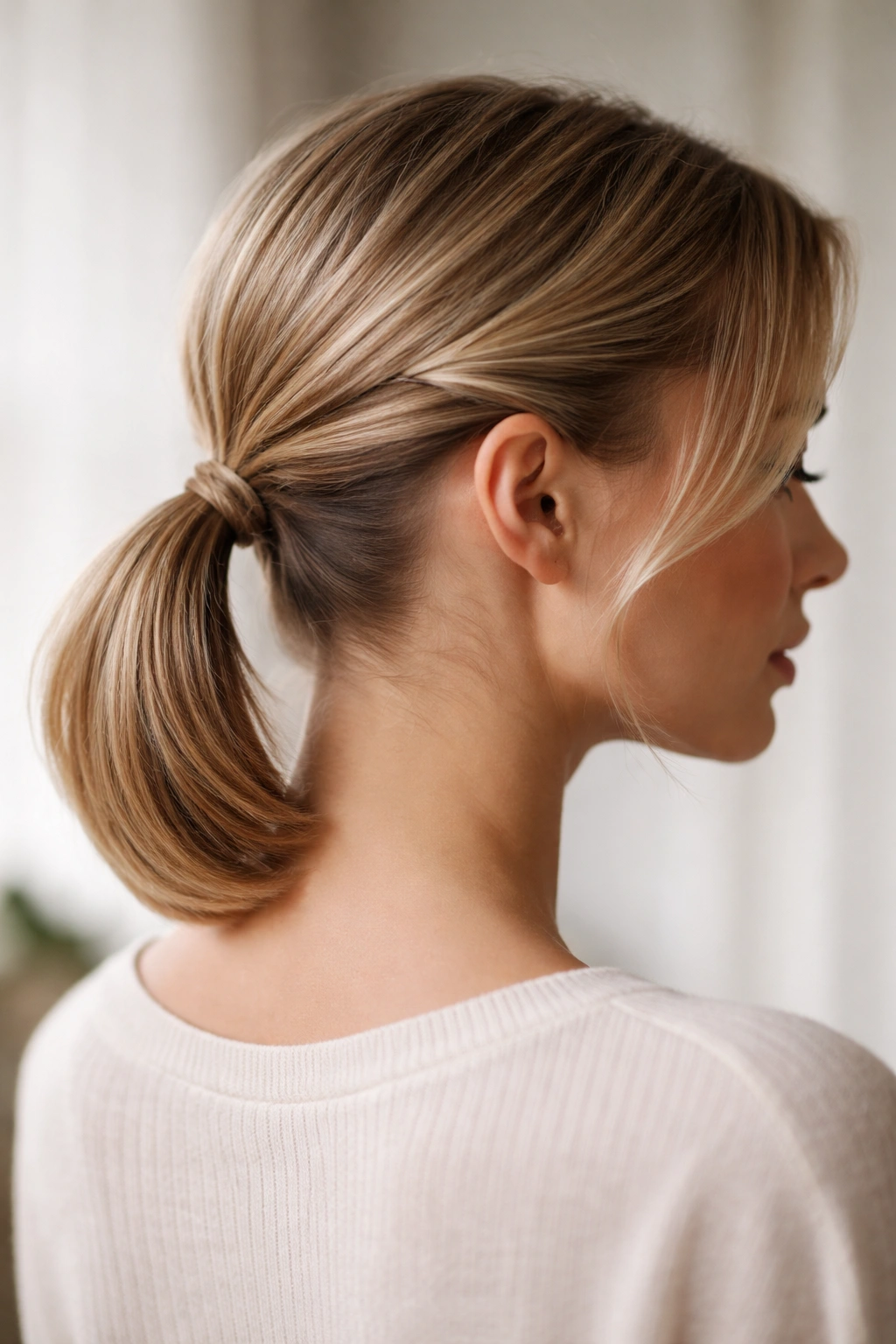 Twisted temple low ponytail with temple twists pulled back toward the nape